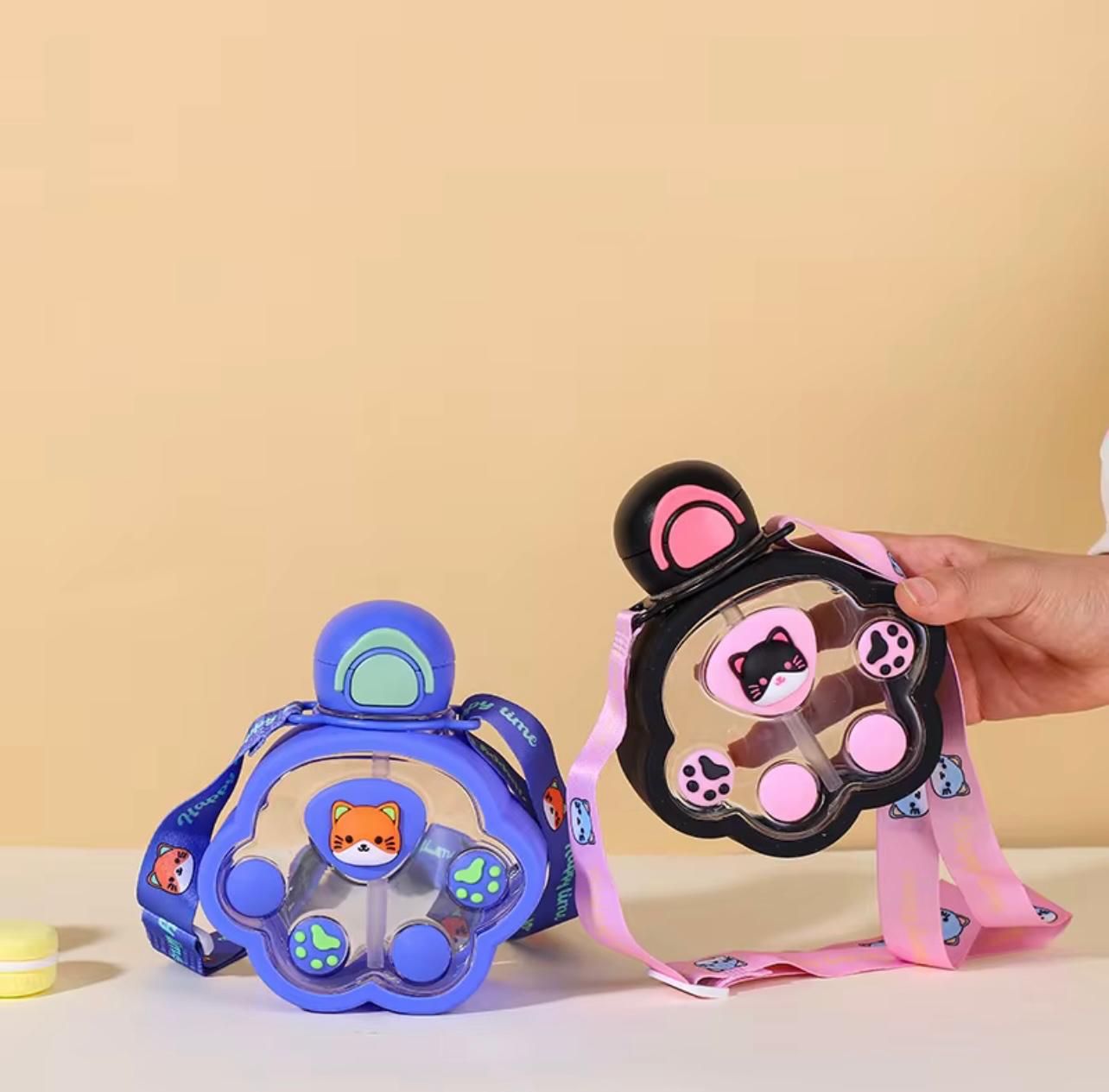 520ml New Kids Cute Cat Claw Plastic Water Bottle With Straw Portable Strap Plastic Cartoon Cup Water Bottle for Students…