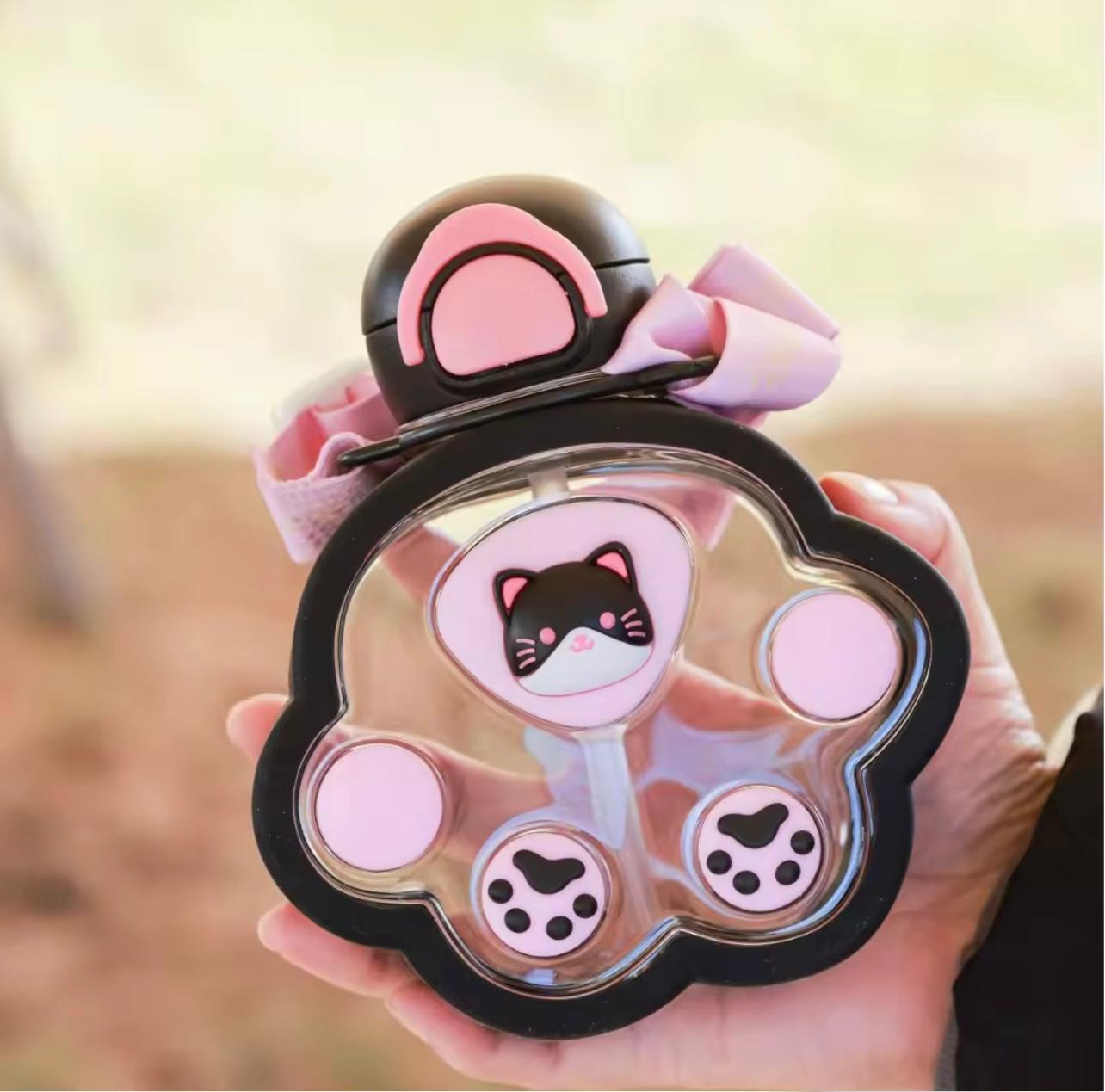 520ml New Kids Cute Cat Claw Plastic Water Bottle With Straw Portable Strap Plastic Cartoon Cup Water Bottle for Students…