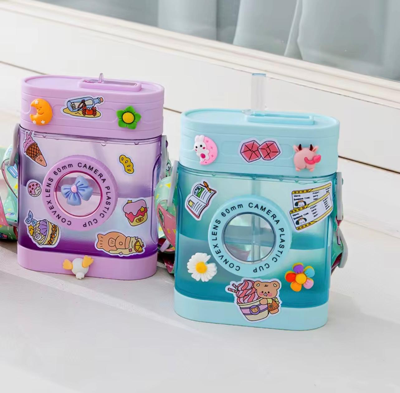 New Retro Camera Creative Water Cup Girl and Boy Gift Portable Summer Children Plastic Water Bottle with Shoulder Strap