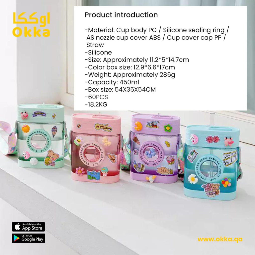 New Retro Camera Creative Water Cup Girl and Boy Gift Portable Summer Children Plastic Water Bottle with Shoulder Strap