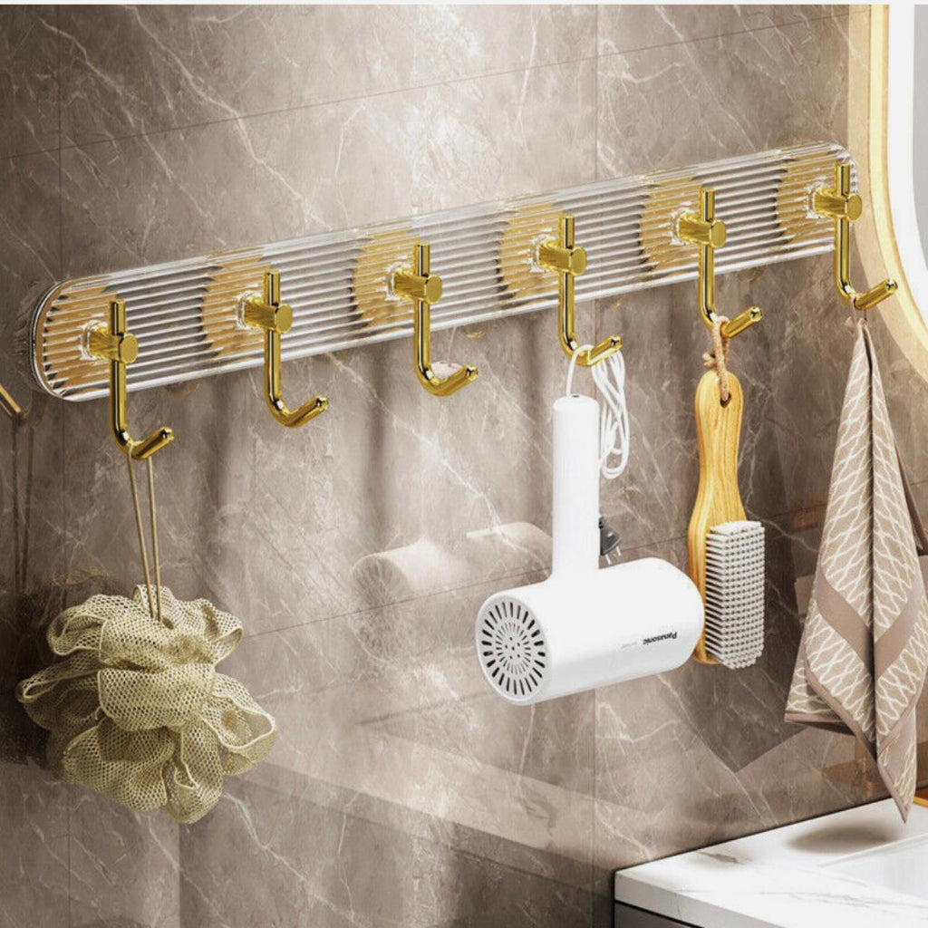 6-Hook Wall Mounted Coat Rack – Modern Acrylic & Aluminum Adhesive Hanger for Clothes, Towels, Keys & Bags