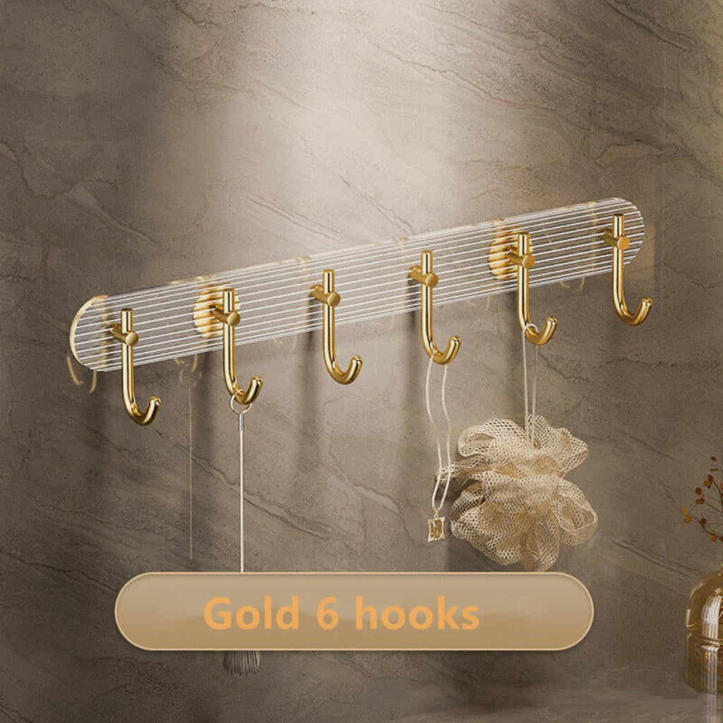 6-Hook Wall Mounted Coat Rack – Modern Acrylic & Aluminum Adhesive Hanger for Clothes, Towels, Keys & Bags