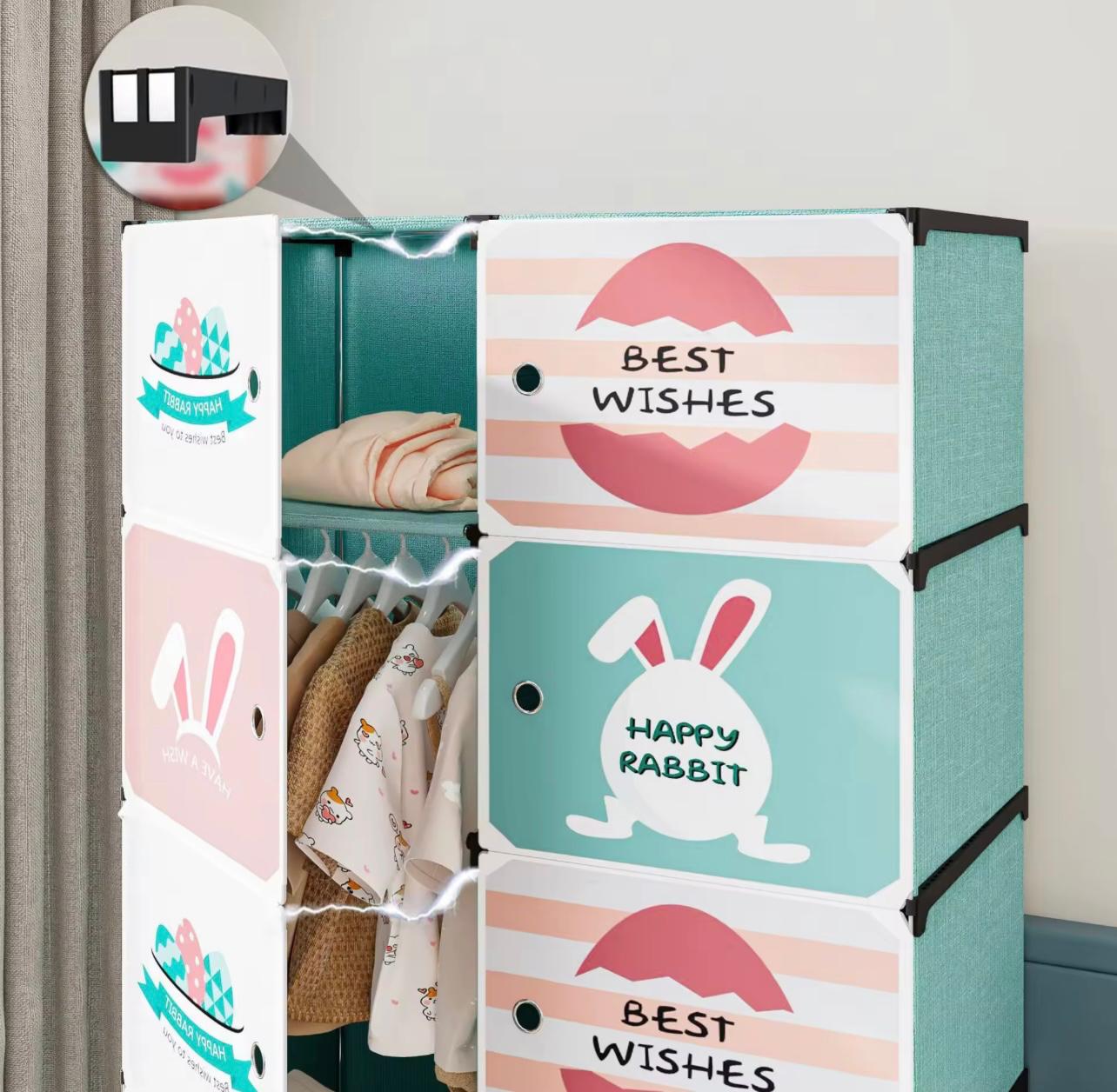 خزانة ملابس أطفال من البلاستيك الكرتوني قابلة للطي وخزانة ملابس وبطانية تخزين من القماش مع باب شفط مغناطيسي