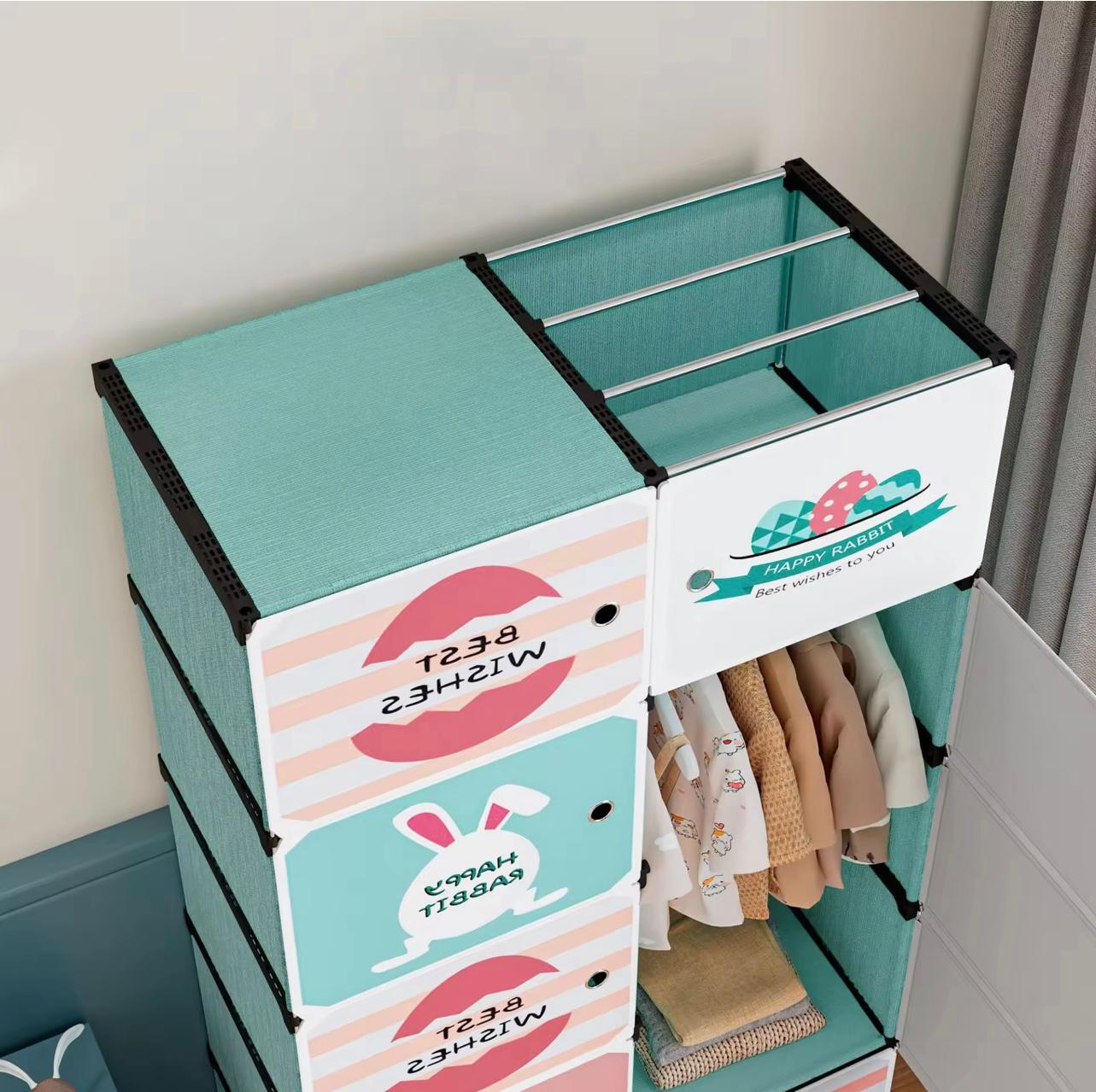 خزانة ملابس أطفال من البلاستيك الكرتوني قابلة للطي وخزانة ملابس وبطانية تخزين من القماش مع باب شفط مغناطيسي