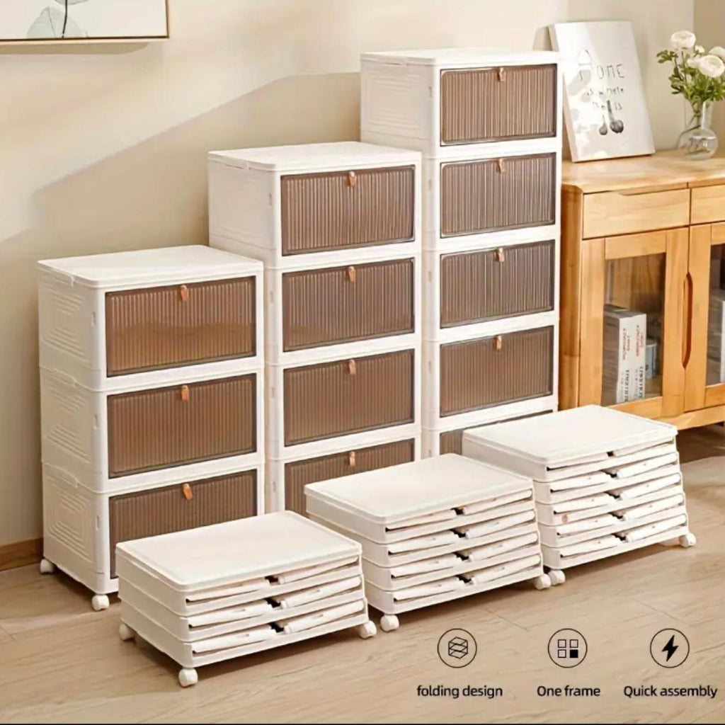صندوق تخزين متعدد الوظائف قابل للطي مكون من 5 طبقات مع باب شفاف - منظم قابل للتكديس للمنزل والمكتب