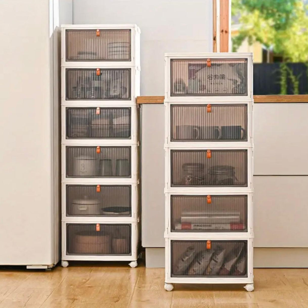 صندوق تخزين متعدد الوظائف قابل للطي مكون من 5 طبقات مع باب شفاف - منظم قابل للتكديس للمنزل والمكتب