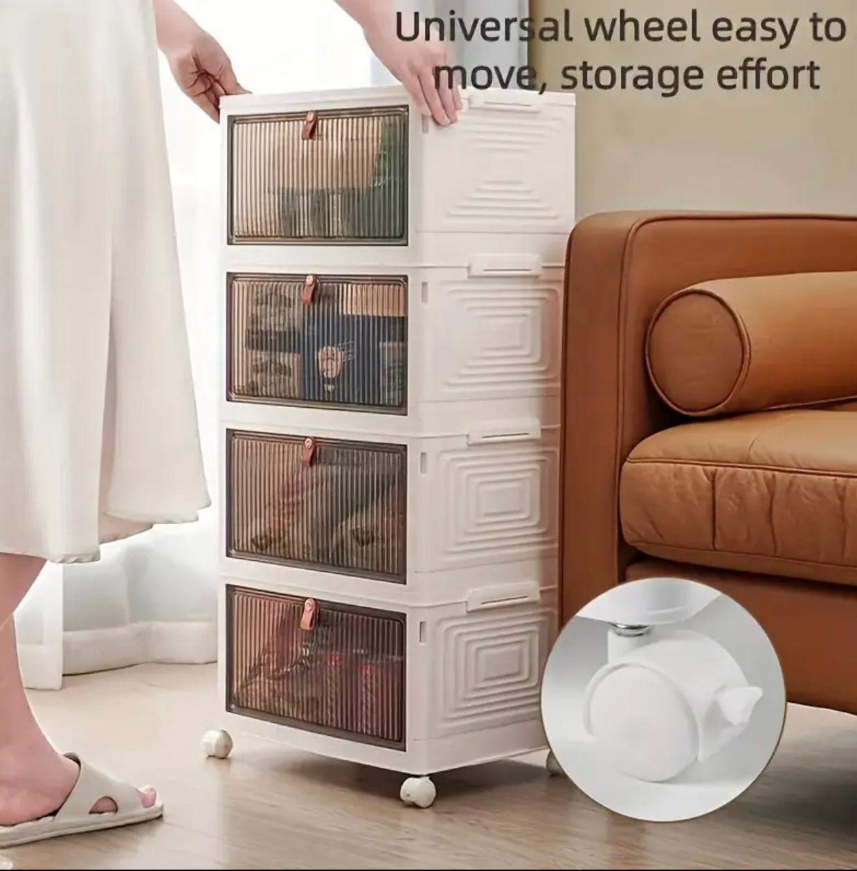 صندوق تخزين متعدد الوظائف قابل للطي مكون من 5 طبقات مع باب شفاف - منظم قابل للتكديس للمنزل والمكتب