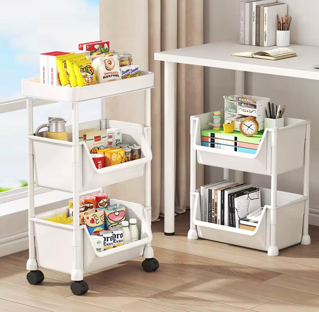 رف تخزين دوار من البلاستيك الأبيض مكون من 5 طبقات مع عجلات - منظم نحيف متعدد الطبقات للمنزل والمكتب