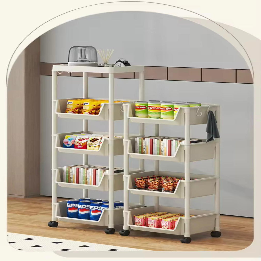 رف تخزين دوار من البلاستيك الأبيض مكون من 5 طبقات مع عجلات - منظم نحيف متعدد الطبقات للمنزل والمكتب