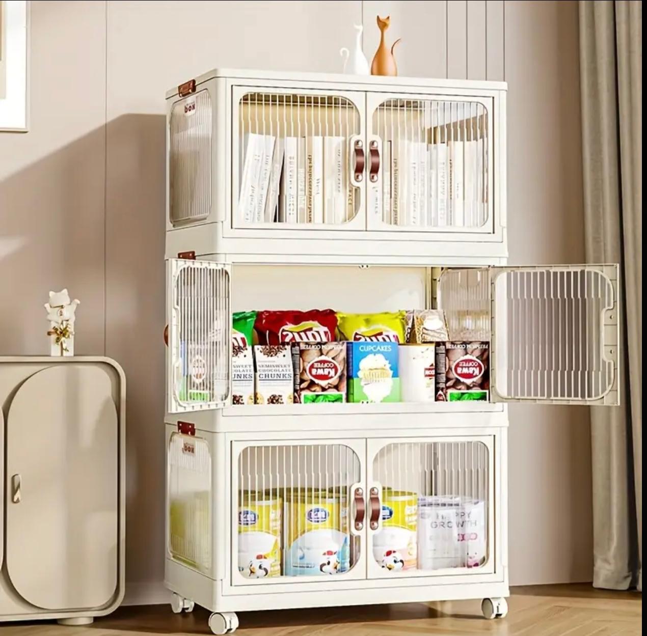 صندوق تخزين قابل للطي بعجلات مكون من 5 طبقات - منظم كبير مغطى وقابل للتكديس للملابس والألعاب والبطانيات