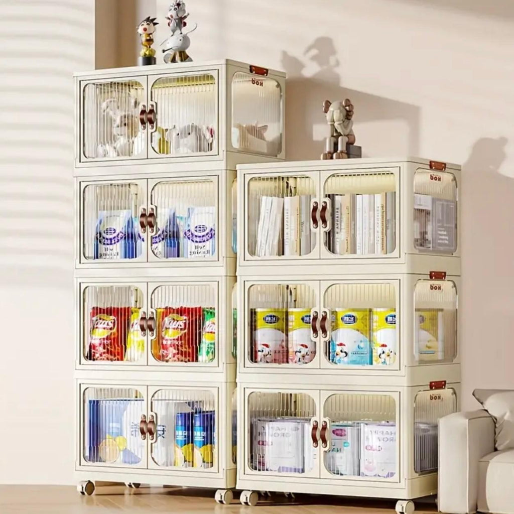 صندوق تخزين قابل للطي بعجلات مكون من 5 طبقات - منظم كبير مغطى وقابل للتكديس للملابس والألعاب والبطانيات