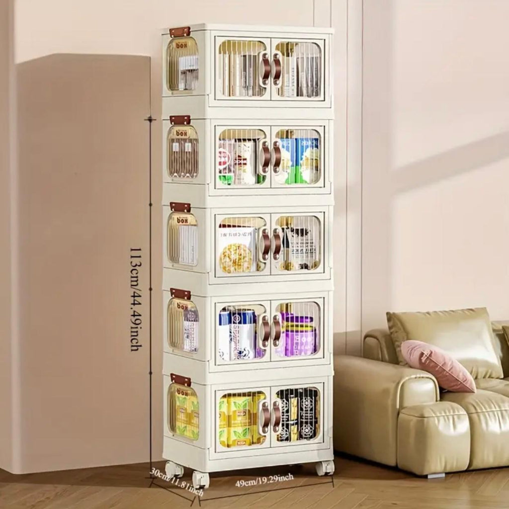 صندوق تخزين قابل للطي بعجلات مكون من 5 طبقات - منظم كبير مغطى وقابل للتكديس للملابس والألعاب والبطانيات