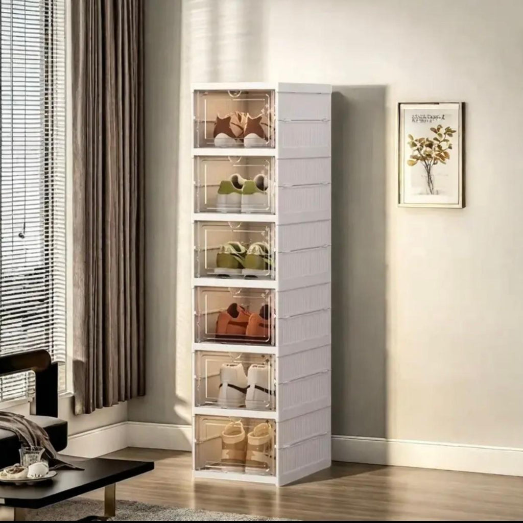 صناديق أحذية شفافة قابلة للطي مكونة من 6 طبقات – منظم مقاوم للغبار وموفر للمساحة