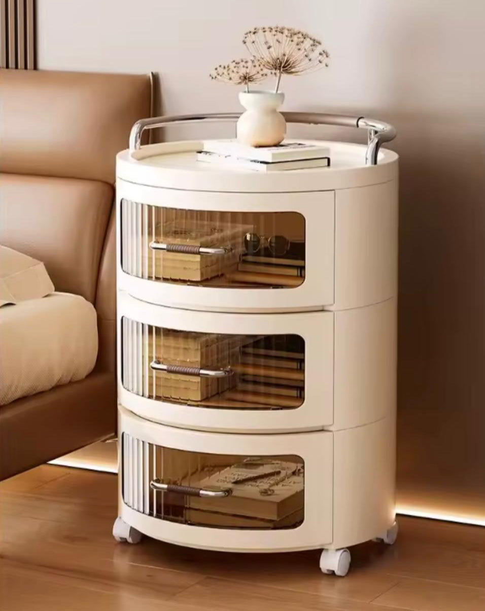 خزانة تخزين فاخرة حديثة بثلاثة أدراج مع عجلات وتصميم أمامي زجاجي – منظم بلاستيكي متعدد الوظائف للمنزل والمكتب