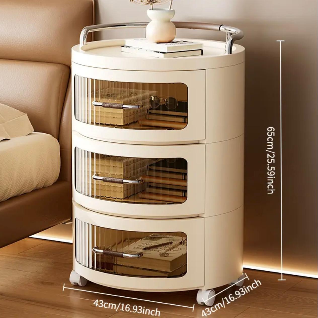 خزانة تخزين فاخرة حديثة بثلاثة أدراج مع عجلات وتصميم أمامي زجاجي – منظم بلاستيكي متعدد الوظائف للمنزل والمكتب