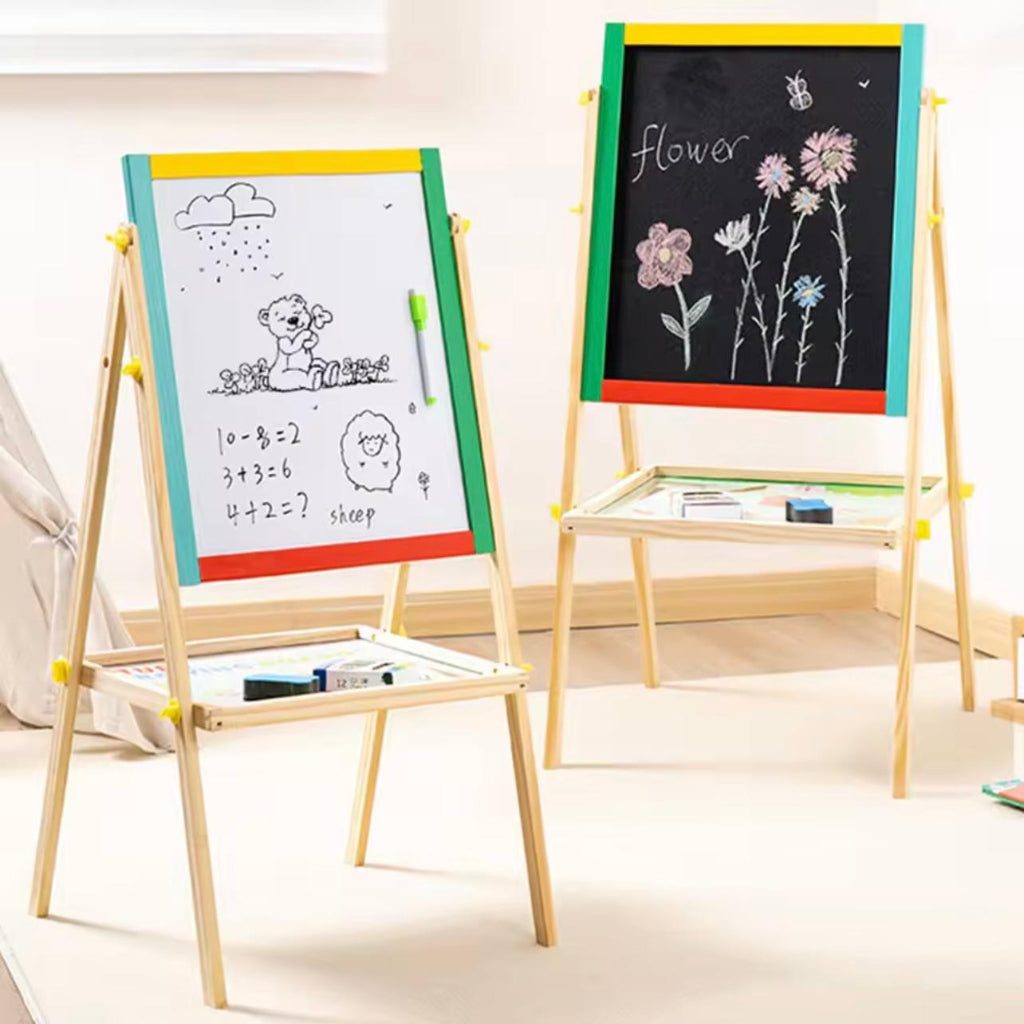 Children 2 in 1 Adjustable Black/White Magnetic Drawing Board Wooden Easel Kids Drawing Board