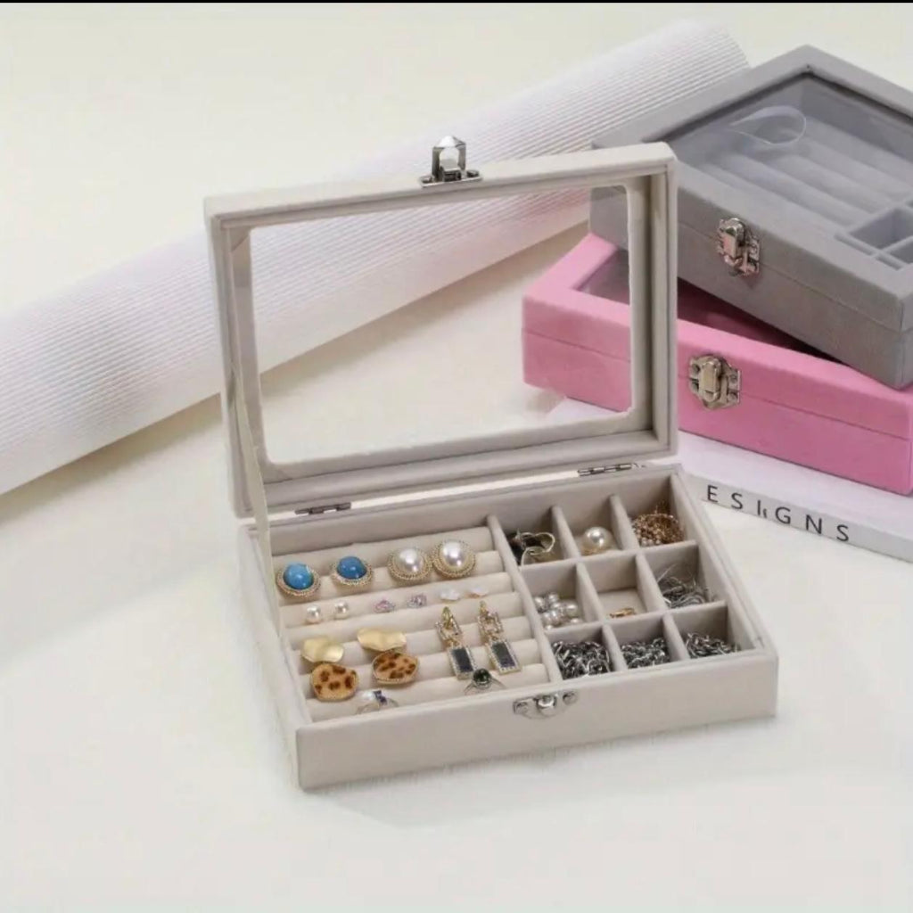 Trendy Exquisite Velvet Jewelry Storage Box with Earring Compartments Dustproof Portable Transparent Ring Box