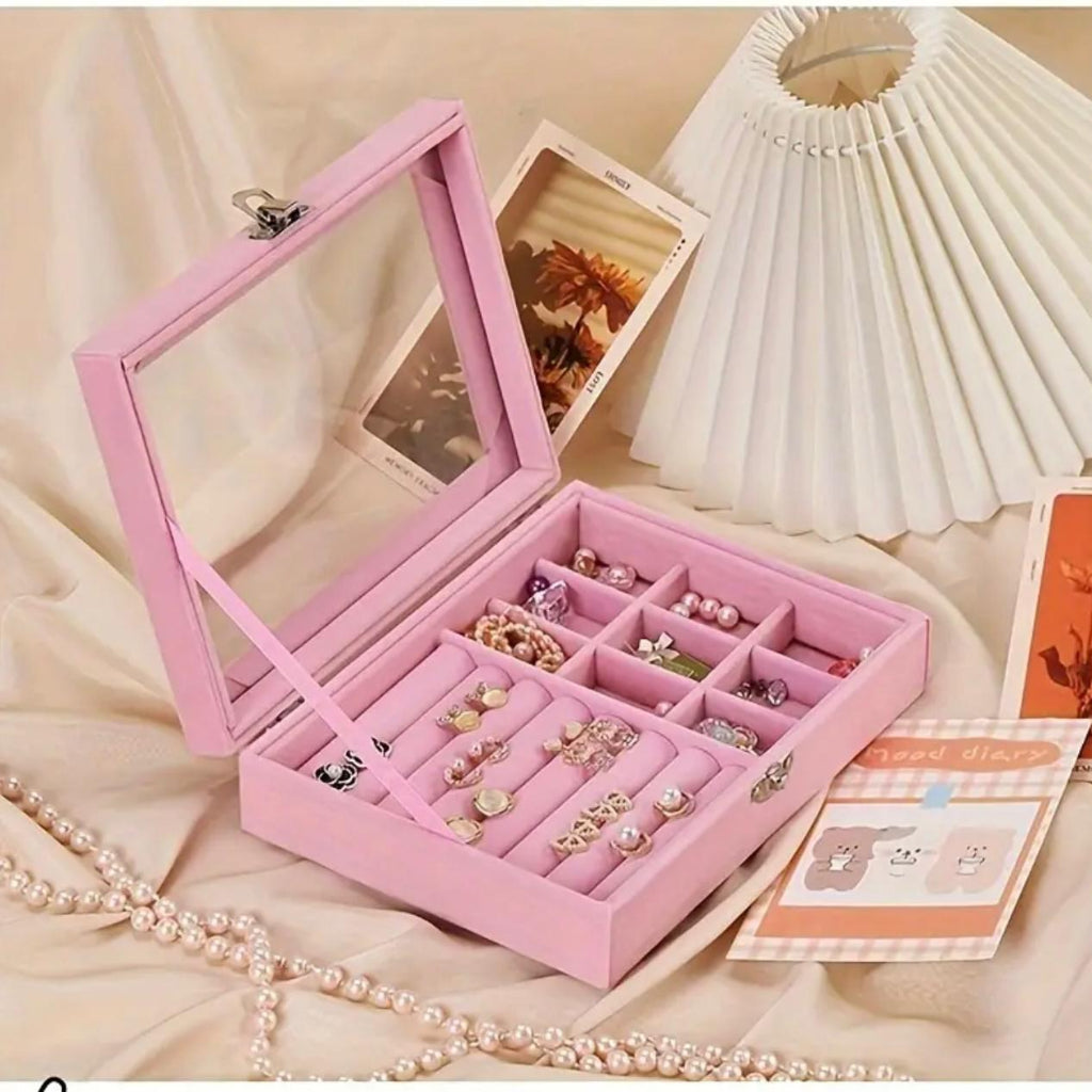 Trendy Exquisite Velvet Jewelry Storage Box with Earring Compartments Dustproof Portable Transparent Ring Box