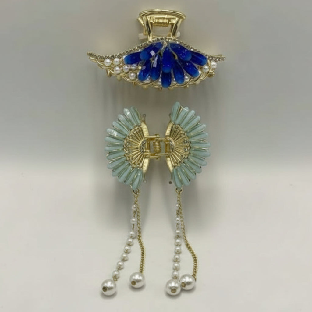 Elegant Pink & Gold Pearl Hair Claw Clip – Stylish Rhinestone Design for Women
