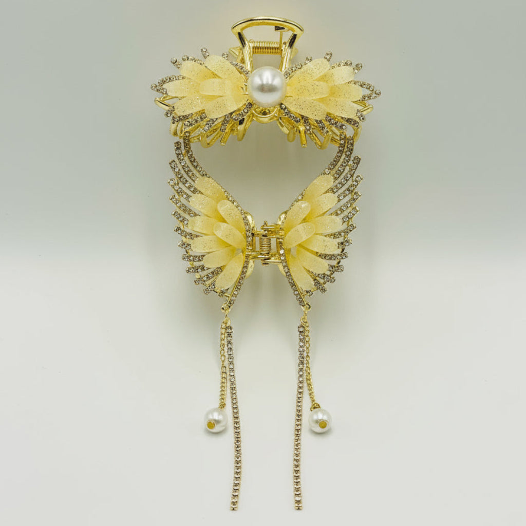 Elegant Black & Gold Pearl Hair Claw Clip – Stylish Rhinestone Butterfly Design for Women