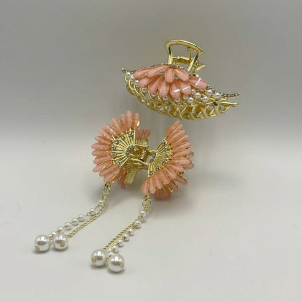 Elegant Pink & Gold Pearl Hair Claw Clip – Stylish Rhinestone Design for Women