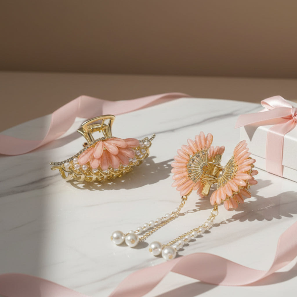Elegant Pink & Gold Pearl Hair Claw Clip – Stylish Rhinestone Design for Women