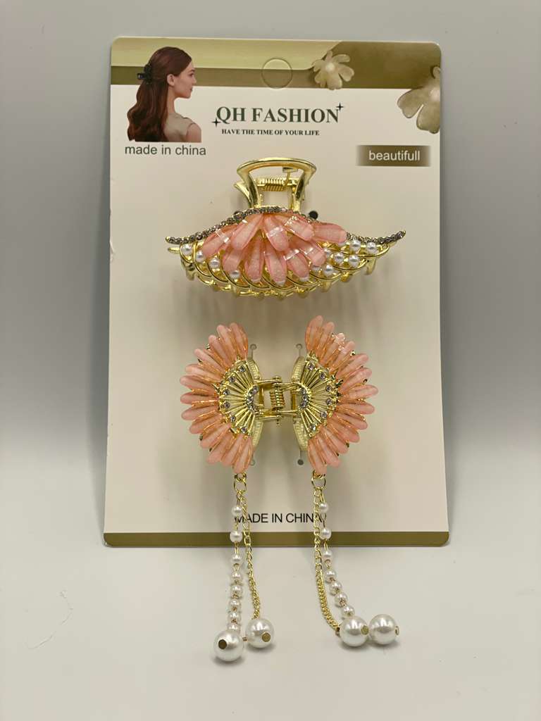 Elegant Pink & Gold Pearl Hair Claw Clip – Stylish Rhinestone Design for Women