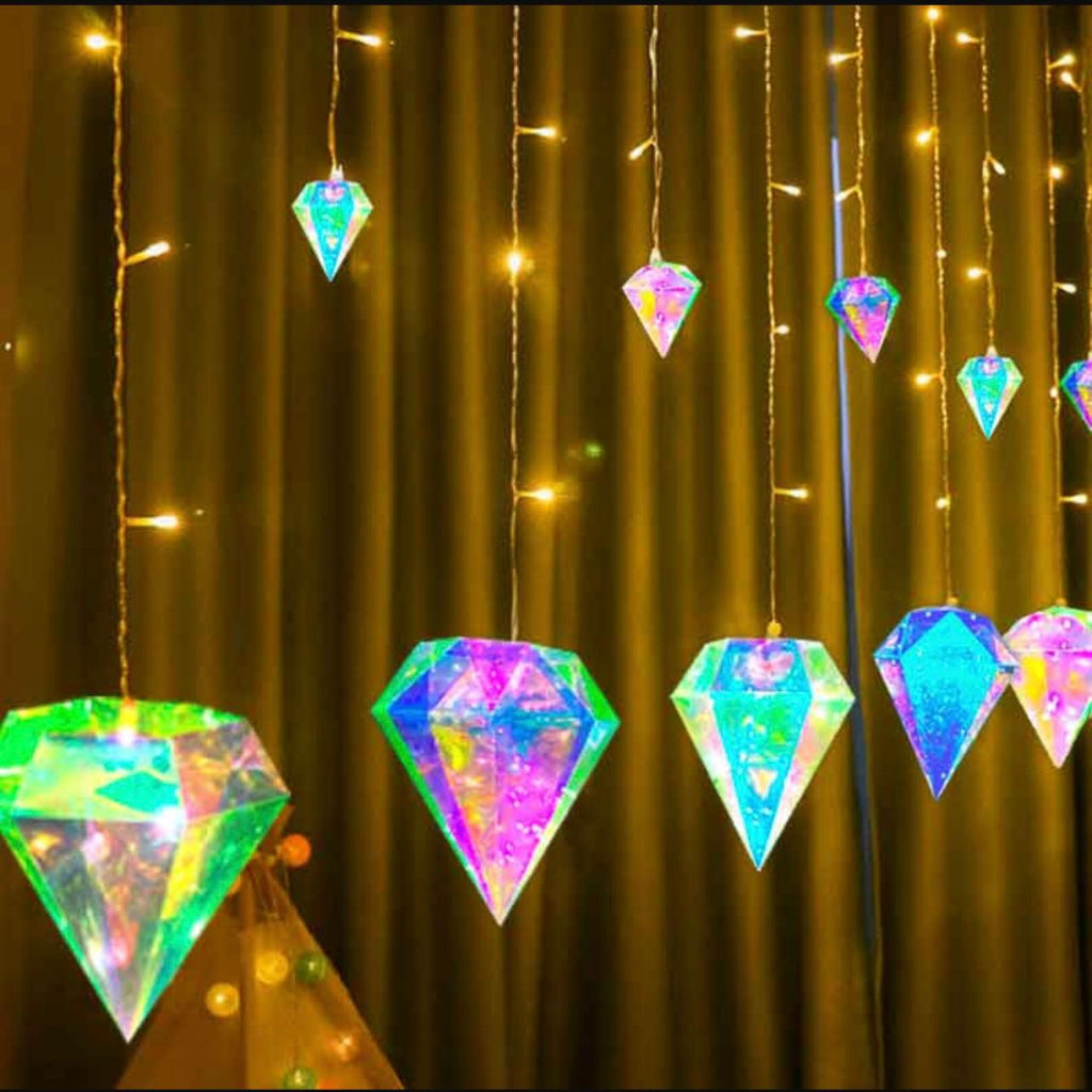 أضواء سلسلة ستائر كريستالية ماسية - أضواء معلقة LED متعددة الألوان للمنزل والحفلات وديكور عيد الميلاد