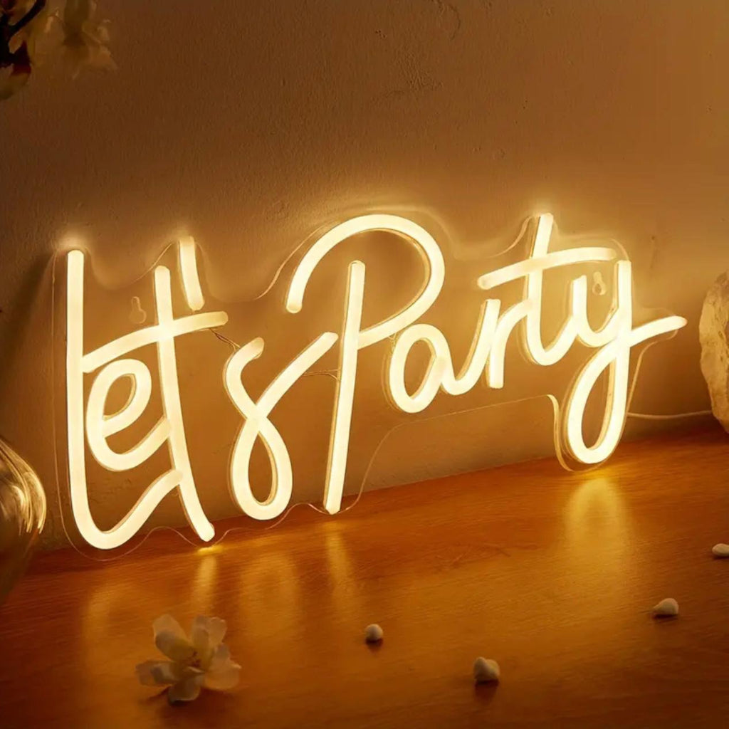 Let’s Party” LED Warm Neon Sign – Decorative Light for Wall & Party Décor