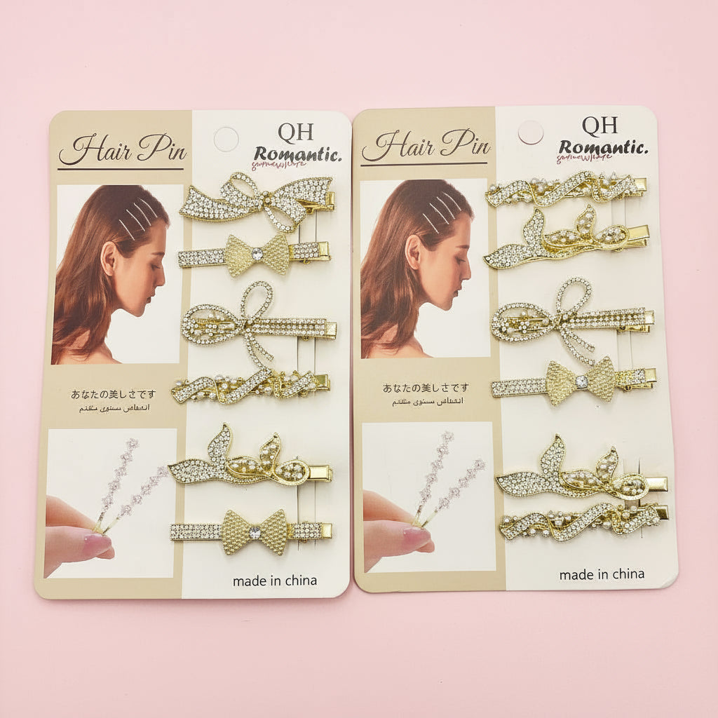 6 Pcs Hair Clip Set β Golden Color, Rhinestone Design, Random Model