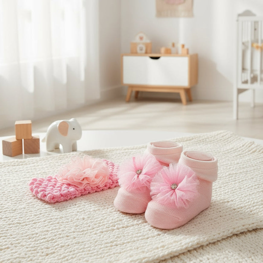 مجموعة أحذية للأطفال حديثي الولادة مع عصابة رأس مرنة - تصميم ناعم ولطيف ومريح