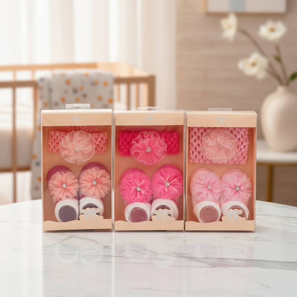 مجموعة أحذية للأطفال حديثي الولادة مع عصابة رأس مرنة - تصميم ناعم ولطيف ومريح