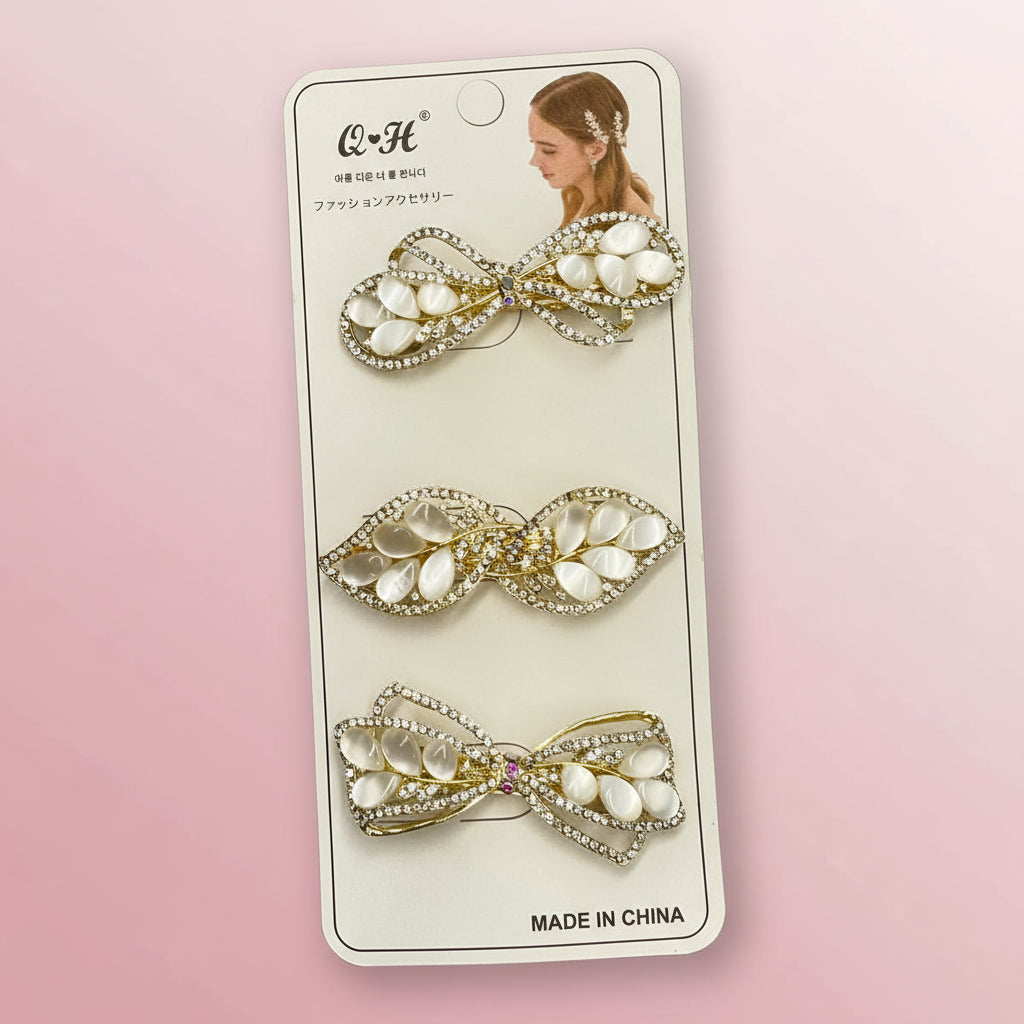 طقم مشبك شعر 3 قطع - موديل حجر الراين، تصميم أنيق وعصري