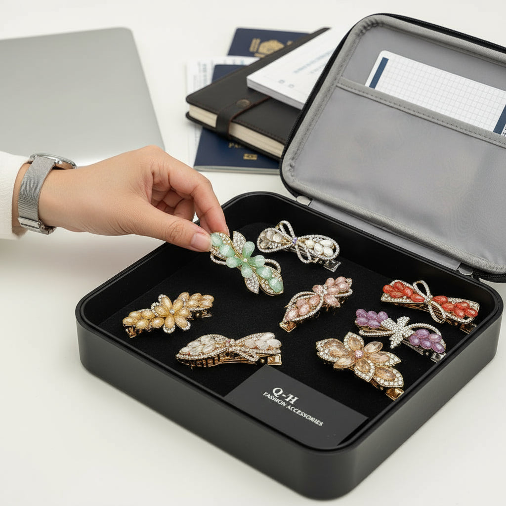 طقم مشبك شعر 3 قطع - موديل حجر الراين، تصميم أنيق وعصري