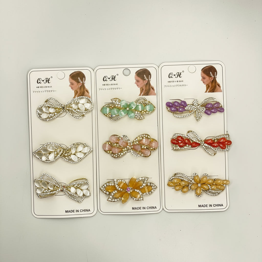 طقم مشبك شعر 3 قطع - موديل حجر الراين، تصميم أنيق وعصري