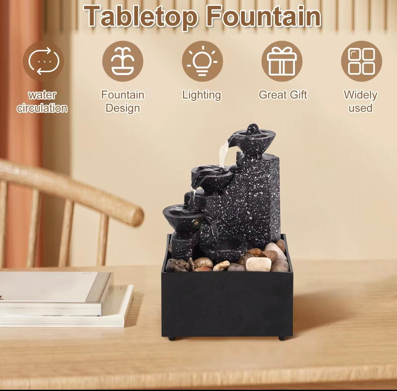 Tabletop USB Waterfall Fountain – Mini Indoor Water Fountain with LED Lights & Decorative Stones