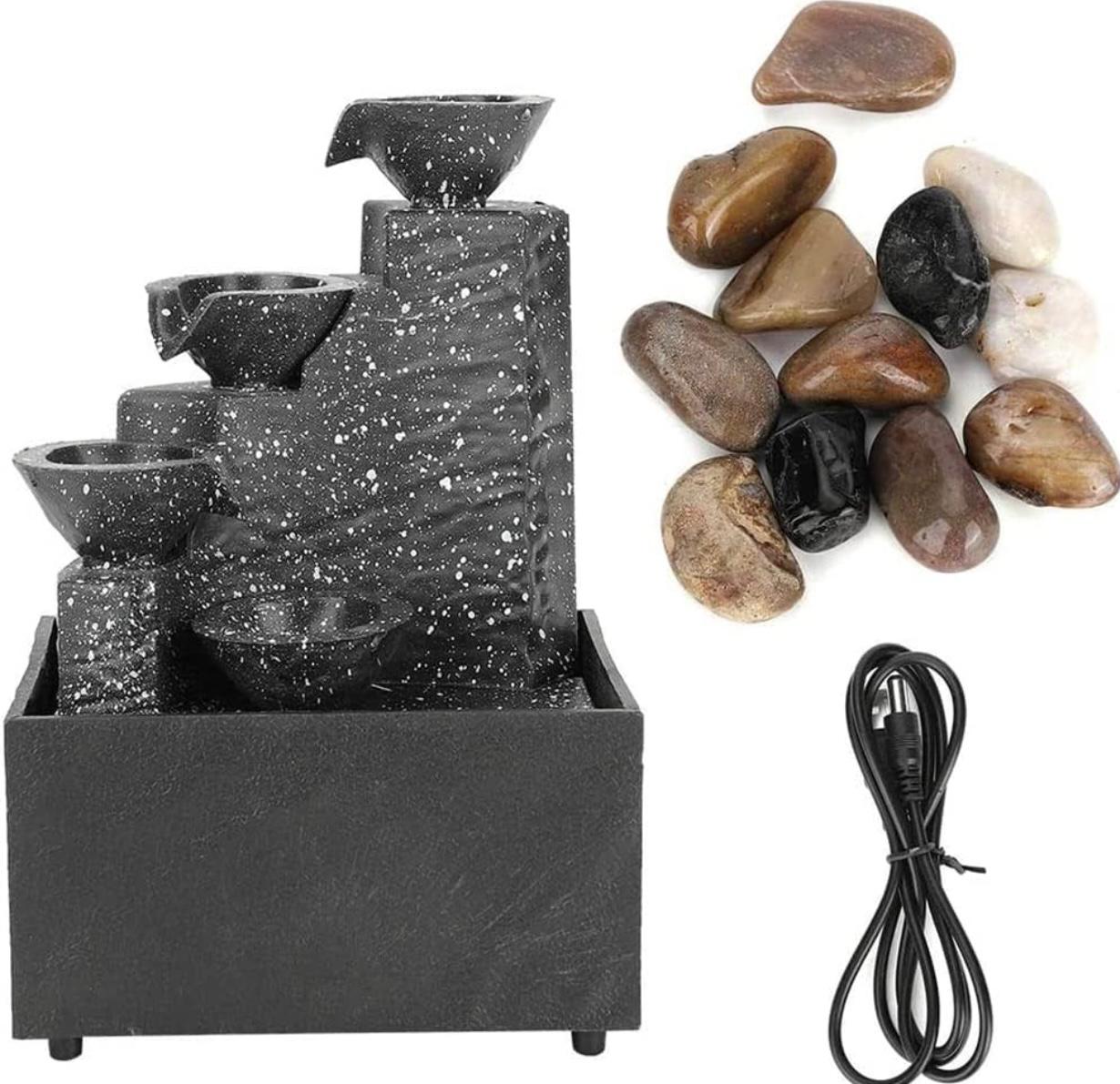 Tabletop USB Waterfall Fountain – Mini Indoor Water Fountain with LED Lights & Decorative Stones