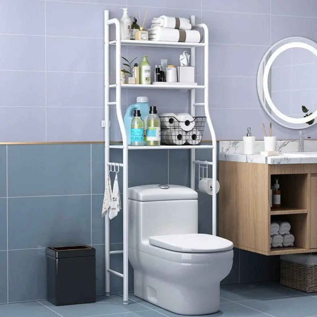 رف تخزين فوق المرحاض - منظم حمام معدني من 3 طبقات مع خطافات