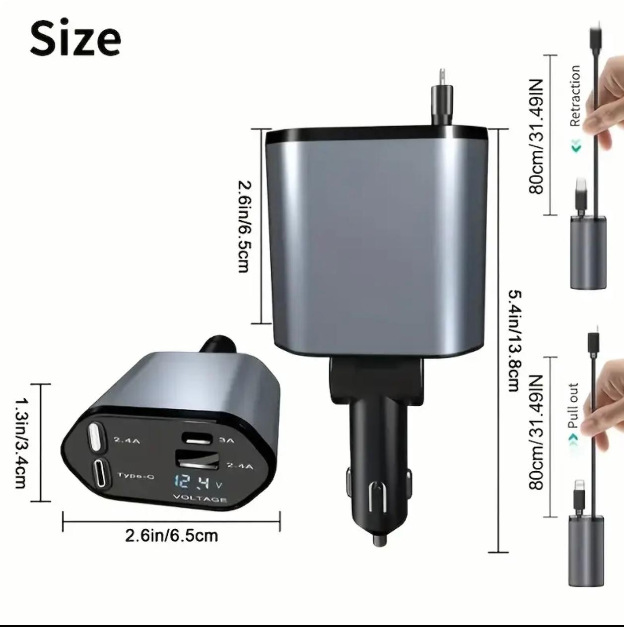 120W Fast Retractable Car Charger – 4-in-1 Universal Car Charging Adapter