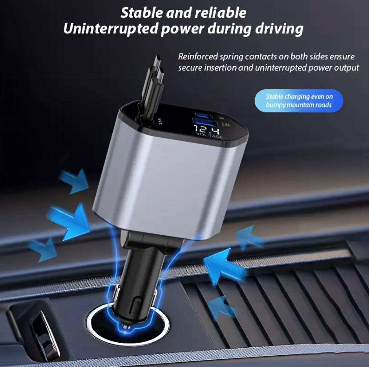 120W Fast Retractable Car Charger – 4-in-1 Universal Car Charging Adapter
