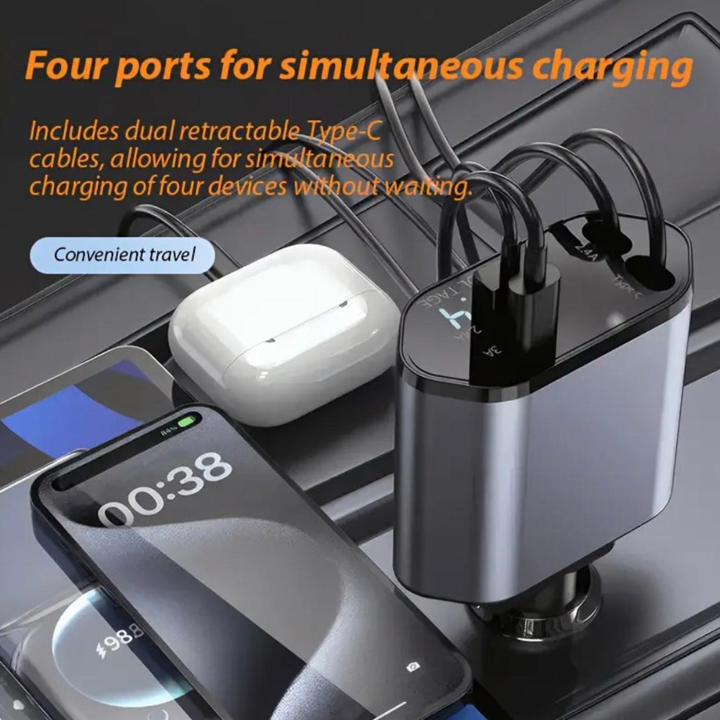 120W Fast Retractable Car Charger – 4-in-1 Universal Car Charging Adapter