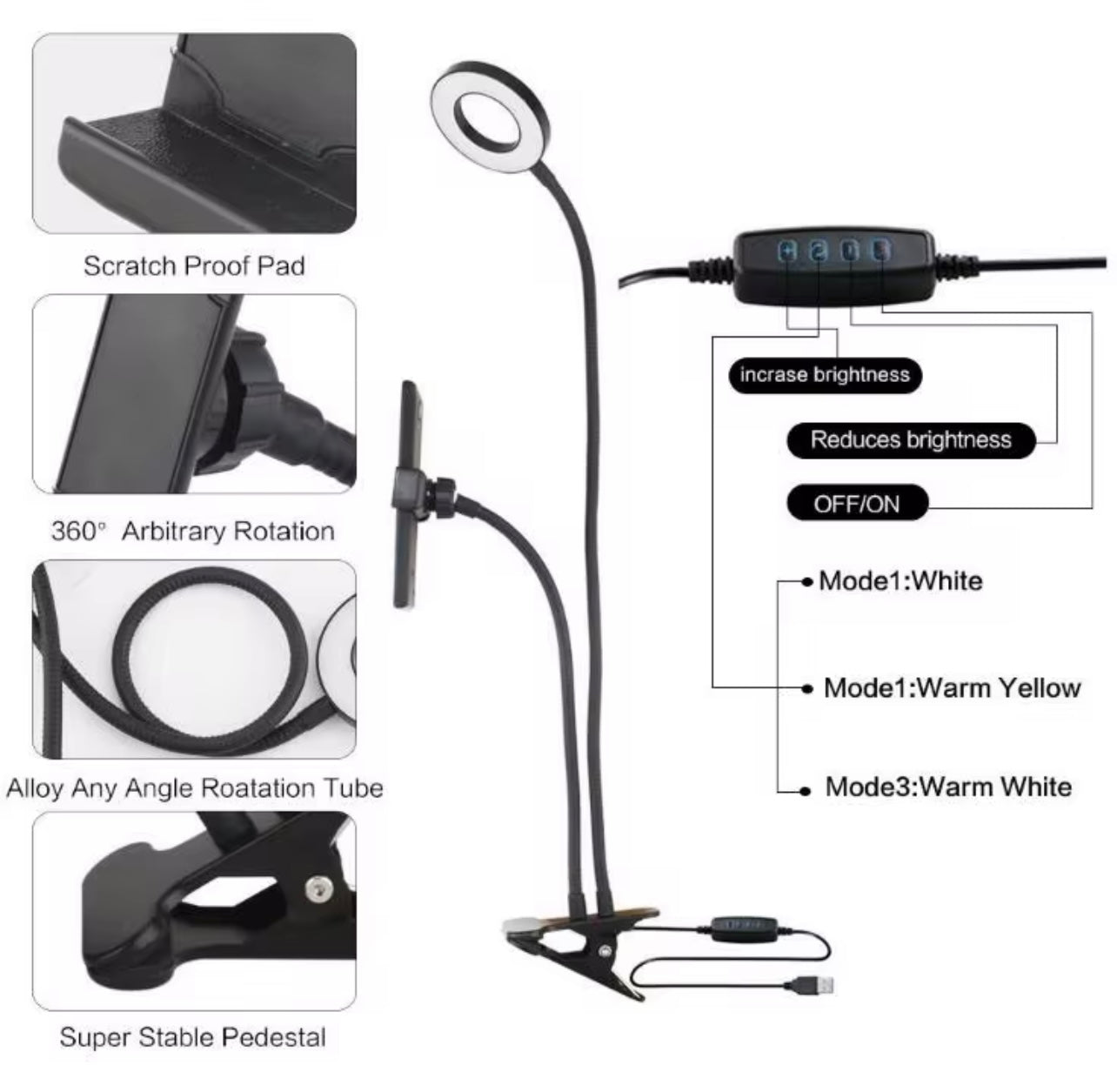 Adjustable LED Ring Light with Phone Holder – 3 Color Modes, USB Powered, Flexible Arm Clamp