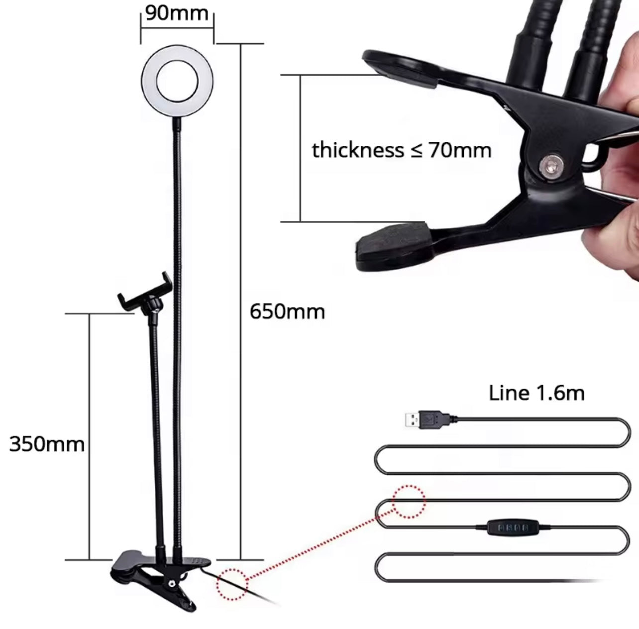 Adjustable LED Ring Light with Phone Holder – 3 Color Modes, USB Powered, Flexible Arm Clamp