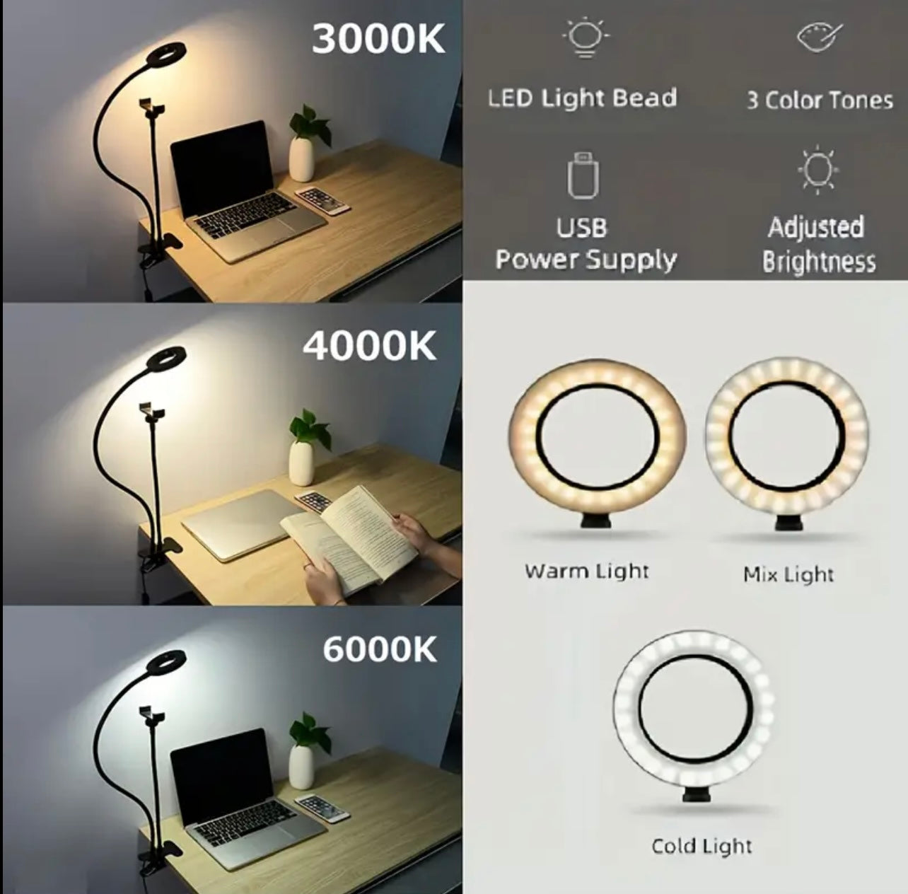 Adjustable LED Ring Light with Phone Holder – 3 Color Modes, USB Powered, Flexible Arm Clamp
