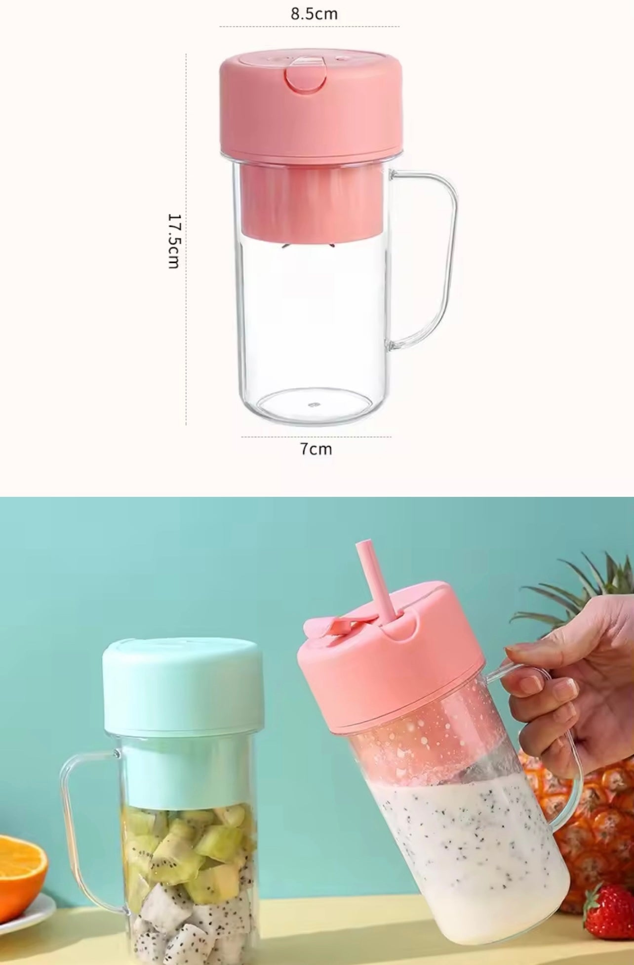خلاط عصارة كهربائي محمول مع كوب مانع للتسرب قابل لإعادة الشحن عبر USB - صانع العصائر والثلج مع القش