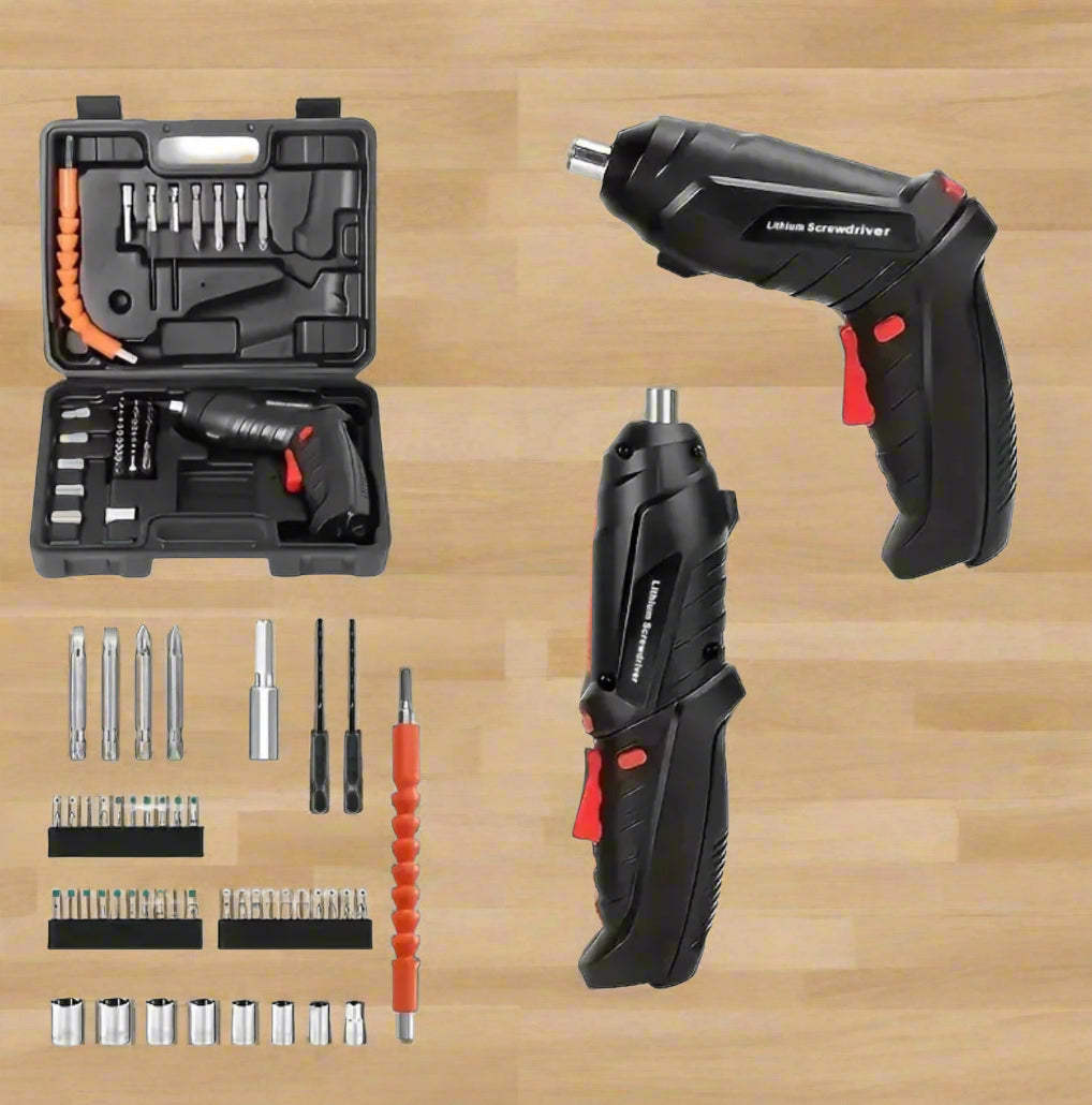 طقم مفك براغي كهربائي لاسلكي - مفك مثقاب متعدد الوظائف قابل لإعادة الشحن مع ضوء LED