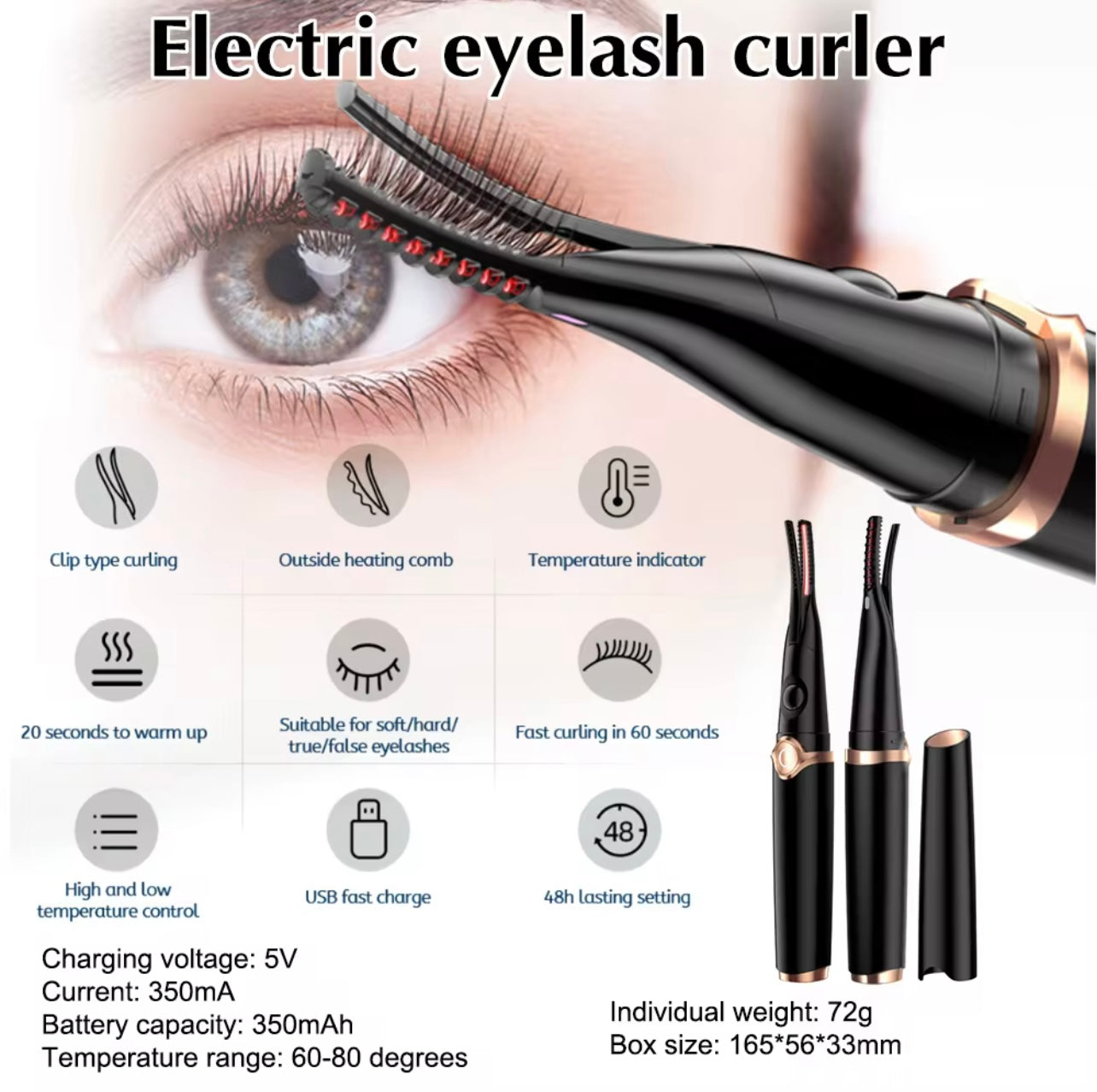 Electric Heated Eyelash Curler – USB Rechargeable with 3 Heat Settings & Dual-Purpose Brush Head