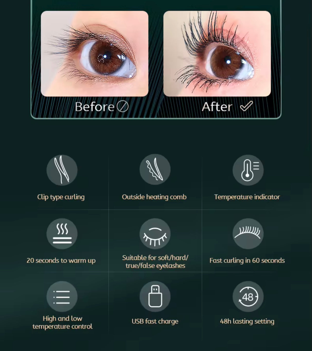 Electric Heated Eyelash Curler – USB Rechargeable with 3 Heat Settings & Dual-Purpose Brush Head