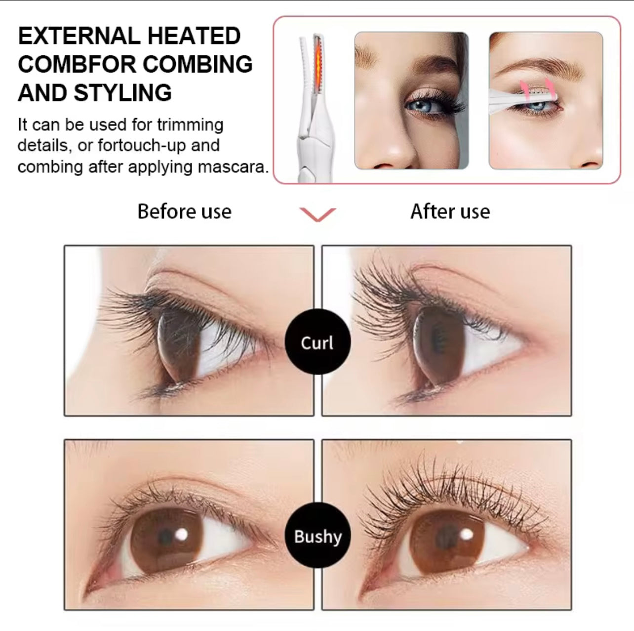Electric Heated Eyelash Curler – USB Rechargeable with 3 Heat Settings & Dual-Purpose Brush Head