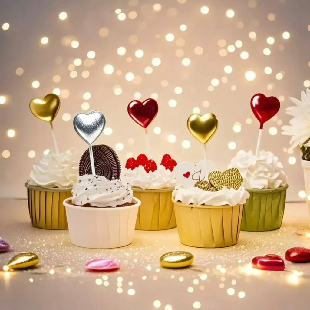 4-Pack Heart Shaped Cupcake Candles Red, Silvery, and Golden - Love and Valentine Dessert Toppers